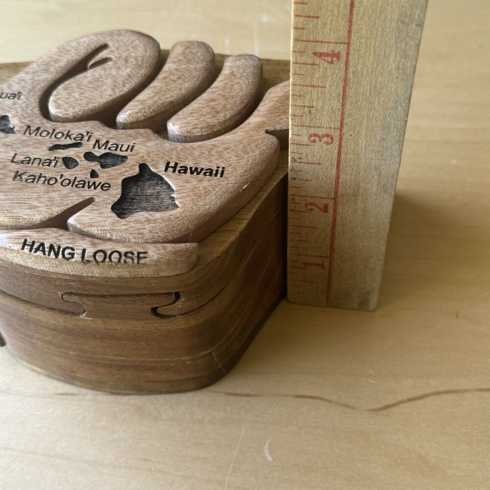VTG Carved Wood Hawaii Hang Loose Hand Puzzle Box W Carved Islands Trinket Box - Picture 15 of 15